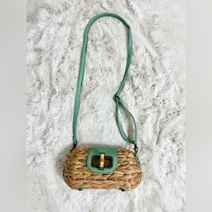Vintage Sun N Sand Woven Straw & Turquoise Accents & Bamboo Clasp Crossbody Bag